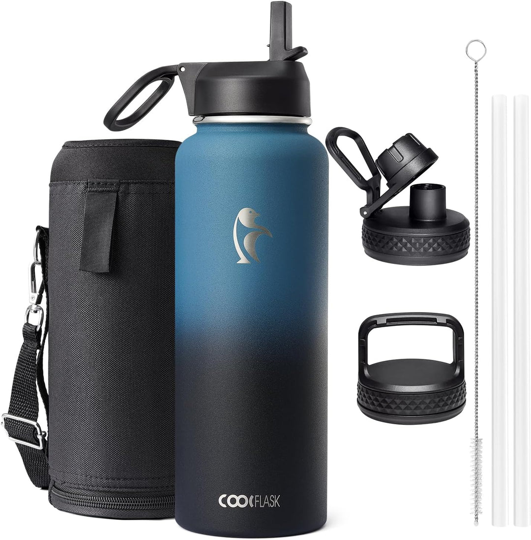 Coolflask 1180ml Isolierte Wasserflasche mit Strohhalm & 3 Deckeln, Metall-Wasserflasche für Sport o