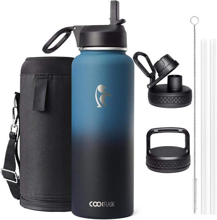 Coolflask 1180ml Isolierte Wasserflasche mit Strohhalm & 3 Deckeln, Metall-Wasserflasche für Sport o