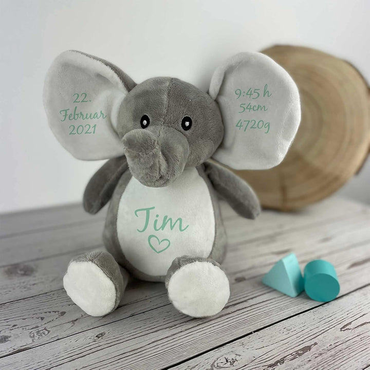 mamir home Elefant Baby Geschenk Kuscheltier personalisiert mit Name & Geburtsdaten I 28cm I Geschen