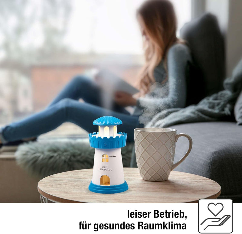 Hellum Luftbefeuchter dekorativ, tragbarer Mini Luftbefeuchter Leuchtturm in blau, Leuchtturm Diffus