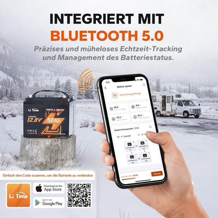 LiTime LiFePO4 12V 50TM Bluetooth Tieftemperaturschutz LiFePO4 Lithium Batterie, 50A BMS, Max. 15000