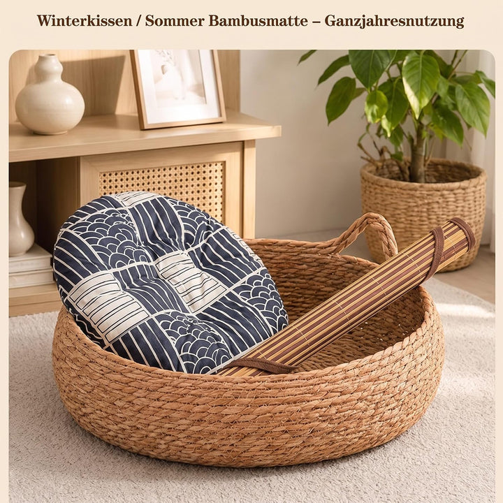 Katzenkorb Geflochten, Ø42cm Katzenbett mit Wendbarem Kissen &amp; Kühlmatte, Waschbares Haustierbett fü