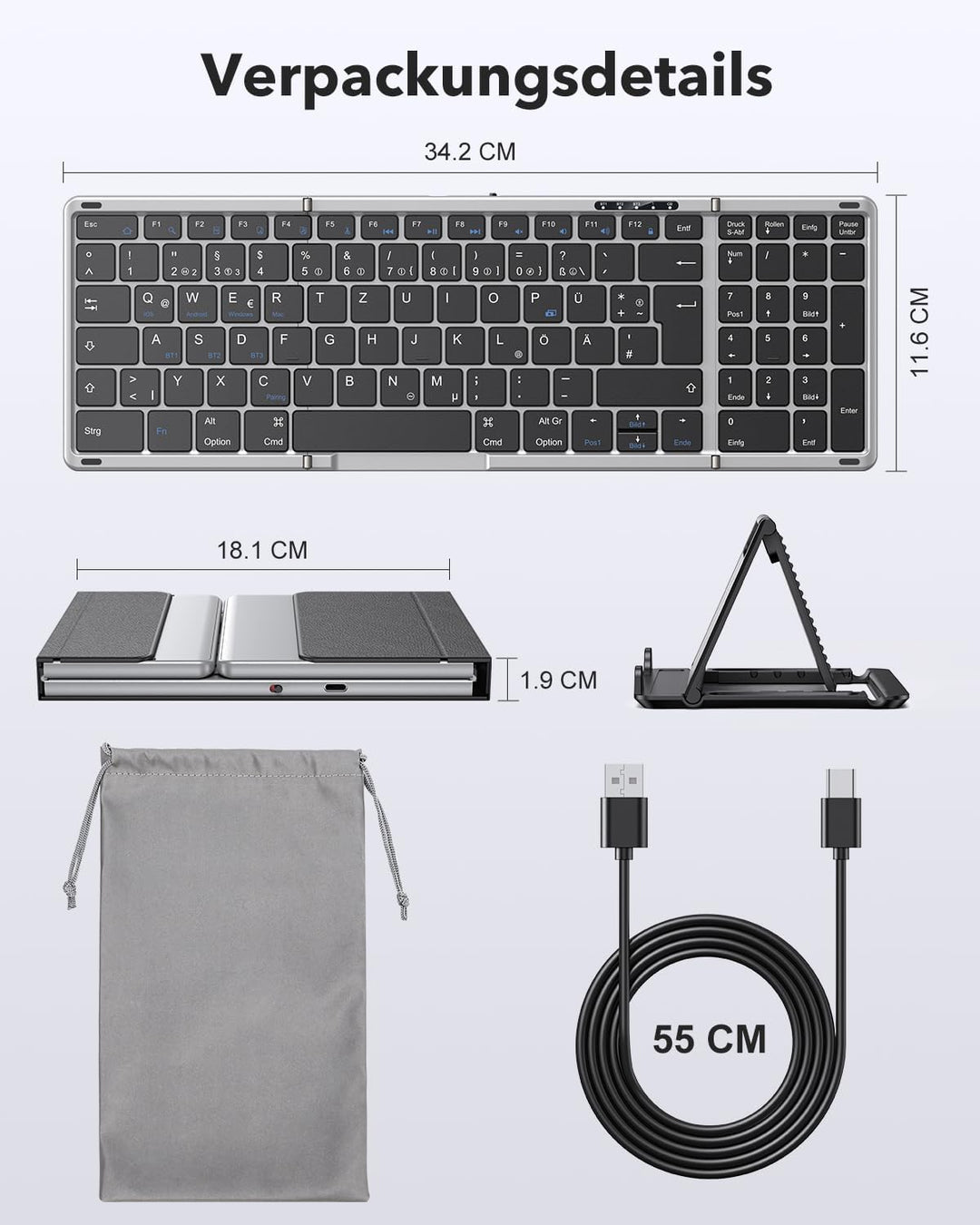 OMOTON Bluetooth Tastatur Faltbare mit Ziffernblock, Kabellose Tastatur Wiederaufladbare QWERTZ, Vol