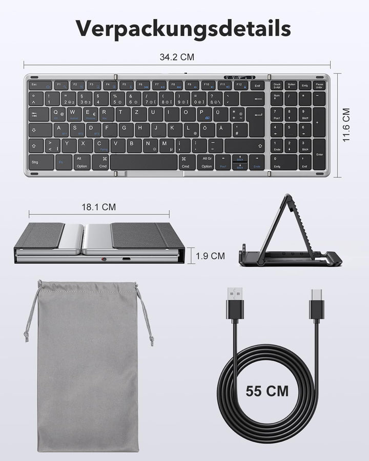 OMOTON Bluetooth Tastatur Faltbare mit Ziffernblock, Kabellose Tastatur Wiederaufladbare QWERTZ, Vol