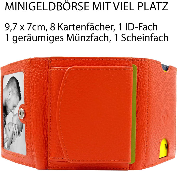 Mini Geldbeutel Damen, Reise Geldbörse, klein viele Fächer, Leder orange, RFID Blocker Münzfach gros