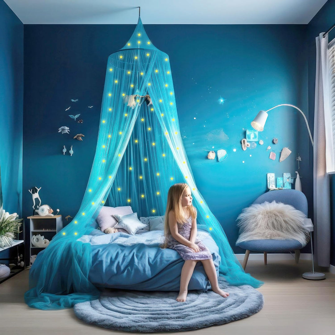 Blaues Betthimmel mit vorgeklebten leuchtenden Sternen - Prinzessinen Moskitonetz für Mädchen Zimmer