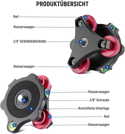 NEEWER Stativkopf Nivelliersockel, Kamera Nivelliergerät, 3 Achsen Dreiradkopf aus Flugzeugaluminium