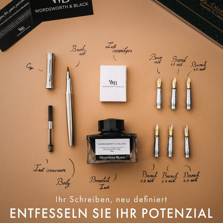 Kalligraphie Füllfederhalter Set Silber Chrom, Silber Chrom