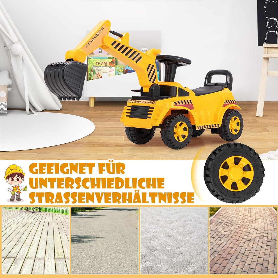 DREAMADE Kinder Sitzbagger, Bagger zum draufsitzenmit Verstellbarer Schaufel &amp; Hupe &amp; Kippschutz, Au