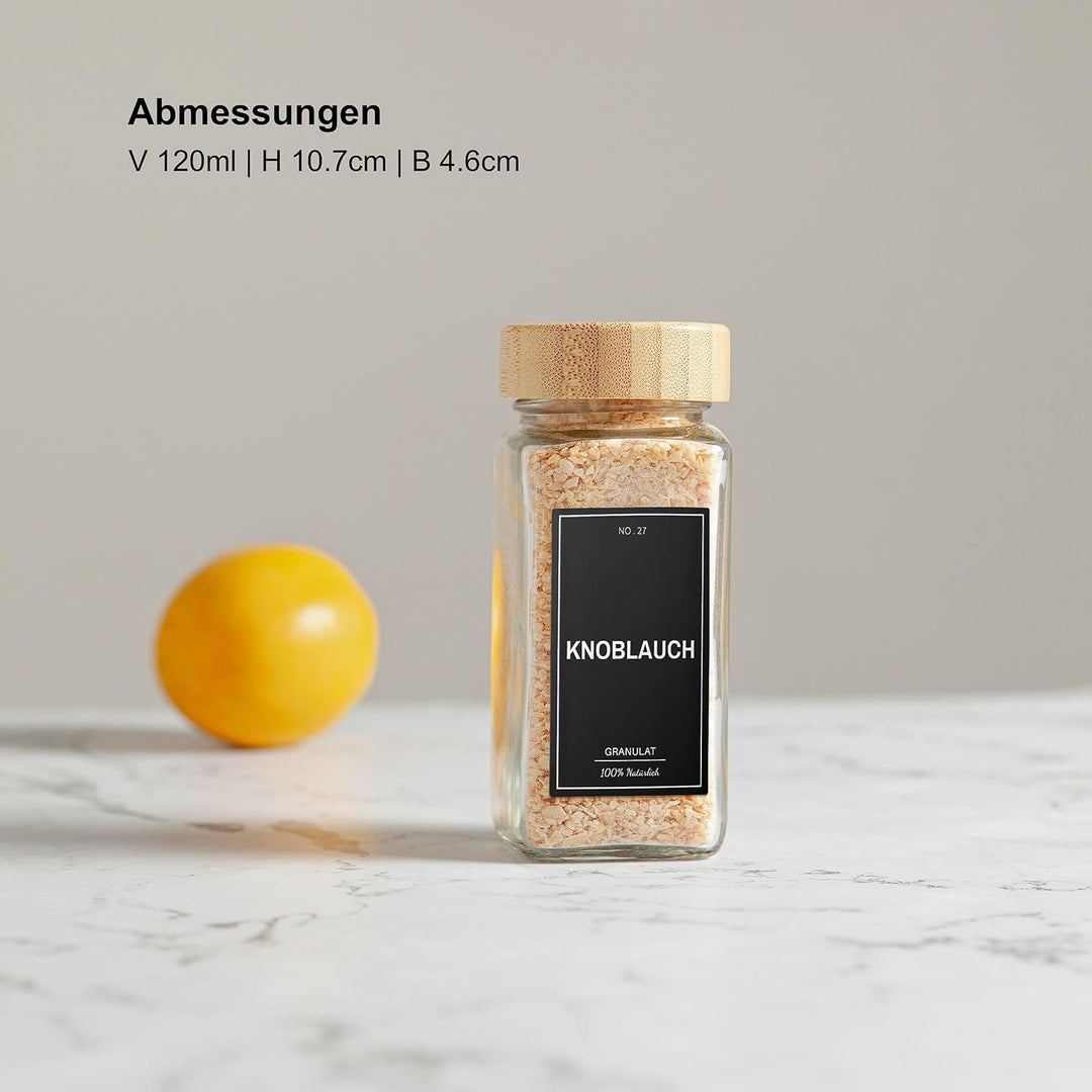Greeano Gewürzgläser Set mit Holzdeckel [24x 120ml] und 300 Gewürzetiketten [DE] - Gewürzgläser ecki