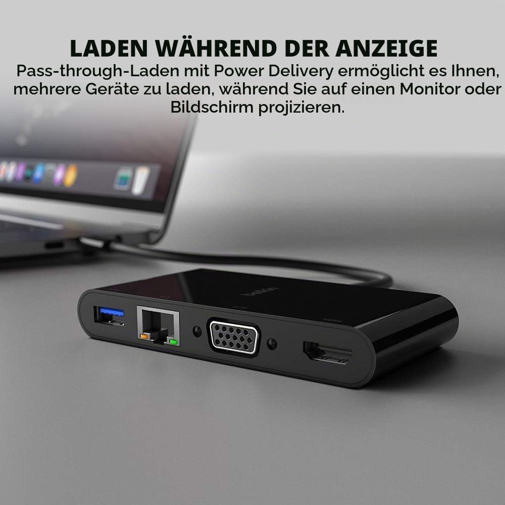 Belkin USB-C-Multimedia-Adapter (USB-C-Hub mit VGA, 4KHDMI, USB3.0, Ethernet-Ports) mit 100W Leistun