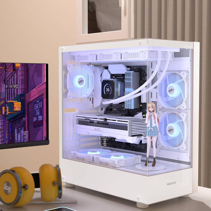 MUSETEX PC Gehäuse ATX 3 Non-LED Lüfter vorinstalliert, Typ-C Mid-Tower Computergehäuse mit Vollsich