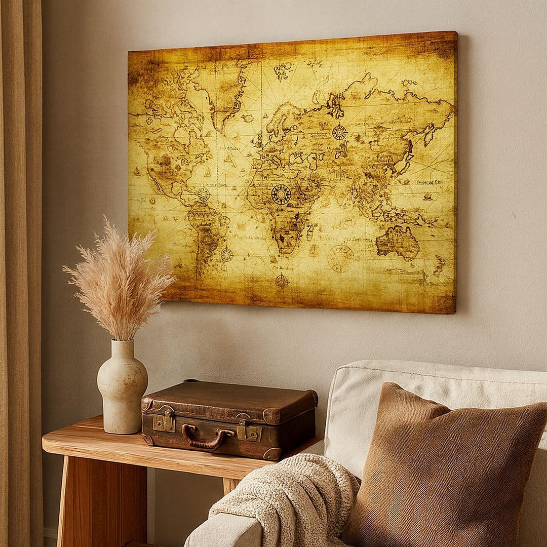 ARTTOR Bilder auf Leinwand 100x70cm Leinwandbild Karte Welt Kontinente Gross Wanddeko Bild Schlafzim