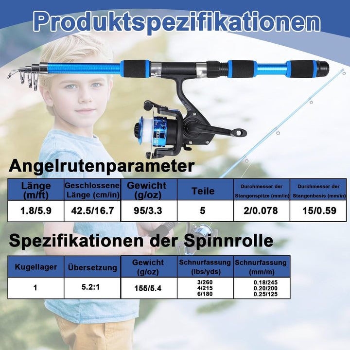 Kinder-Angelset – Teleskopstange & Walzen-Kombi-Kit für Jungen/Mädchen | Komplett-Fishing-Tools mit