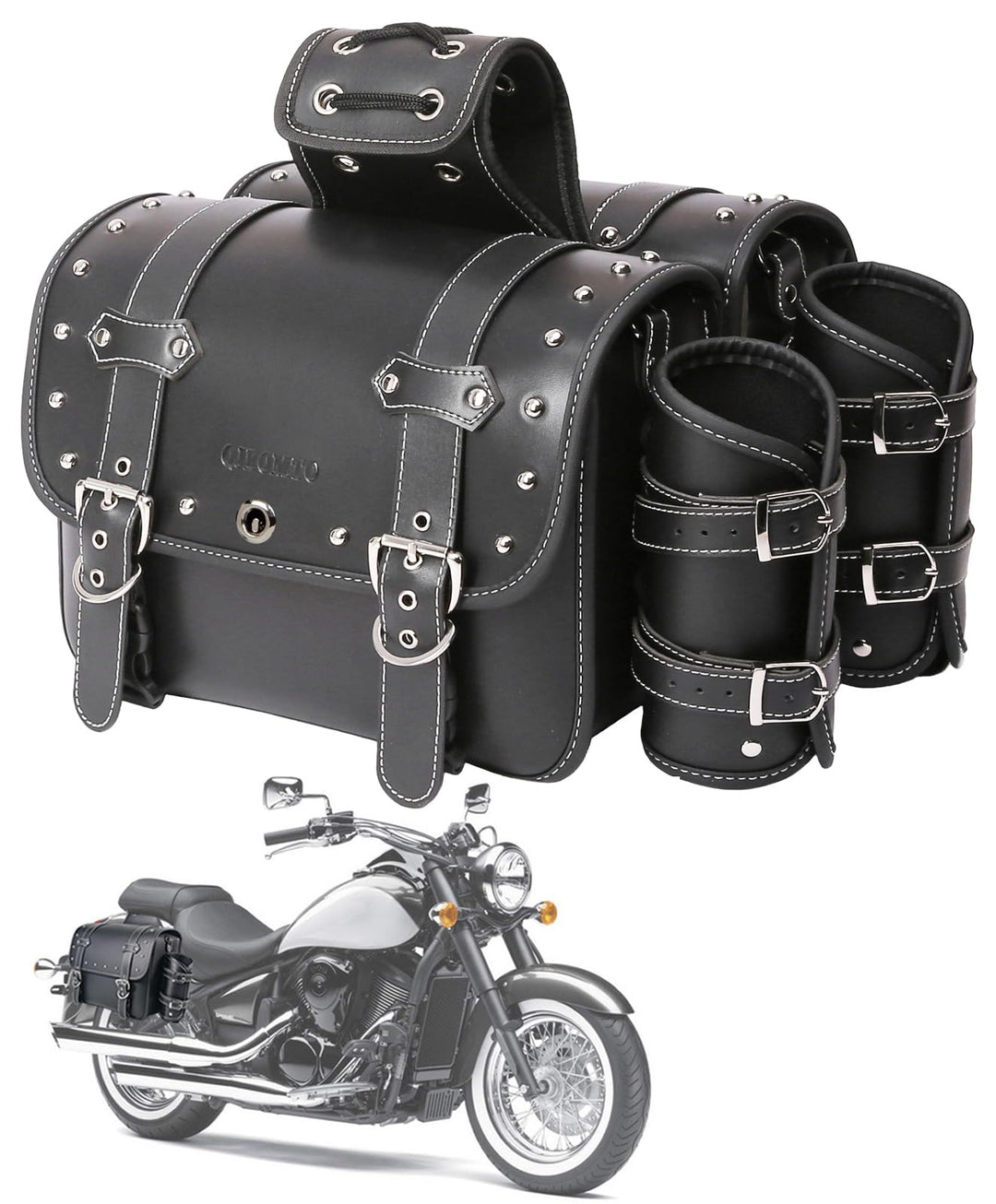 QJBOMTO Motorrad-Satteltaschen aus hochdichtem Leder,Gepäckträger-Seitentaschen mit Getränkehalter,