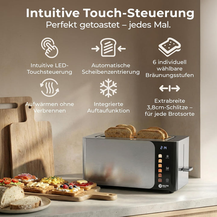 Balter Toaster 4 Scheiben, Touch Bedienung, Langschlitz, Edelstahl, Brötchenaufsatz, LCD Display Lan
