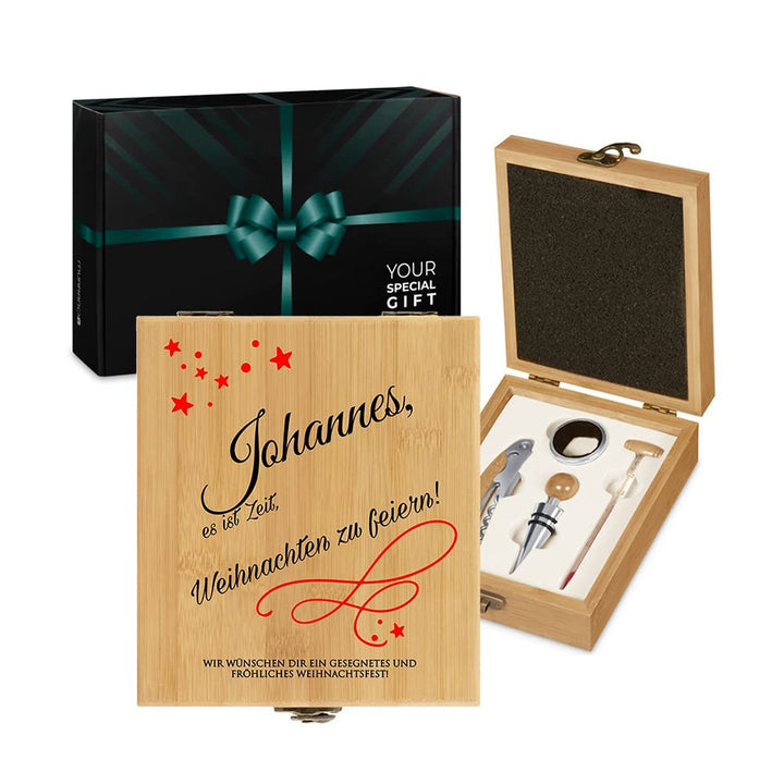 Maverton Weinöffner-Set personalisiert Weinset Sommelier Set - Geschenkbox Holzbox + 4er Weinzubehör