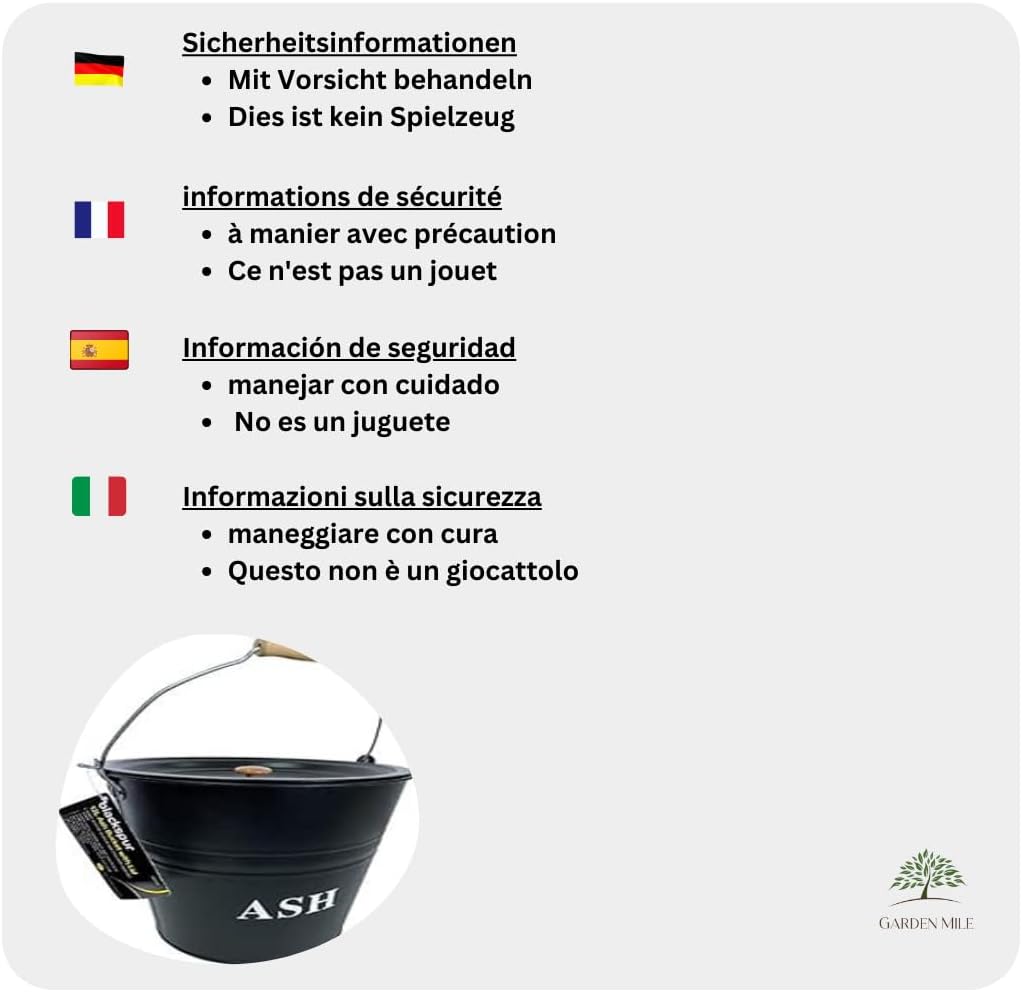 Ascheeimer aus Metall, Eimer mit Deckel, dunkelgrau, 12 Liter, ideal als Kamin, Holzofen und Grill Z