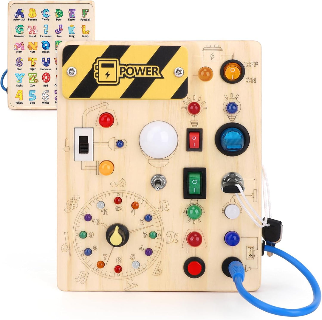 Konijiwa Montessori Busy Board 1 Jahr alt Kinder Activity Board Holzspielzeug mit 8 LED-Lichtschalte