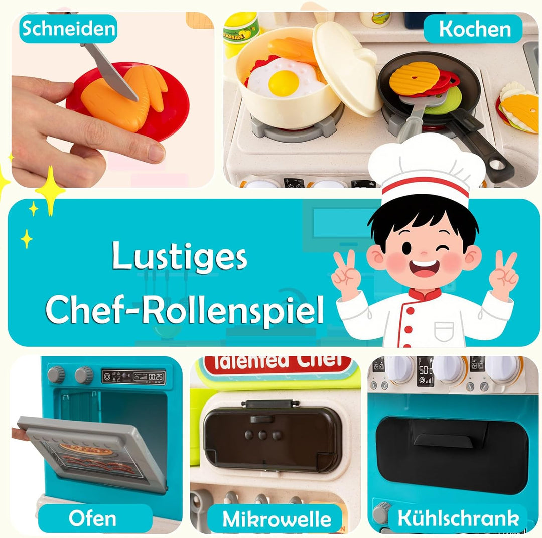DREAMADE Kinderküche mit 54 TLG. Zubehör, Kinderspielküche mit Spülbecken Wasserhahn Herd Öfen, Spie