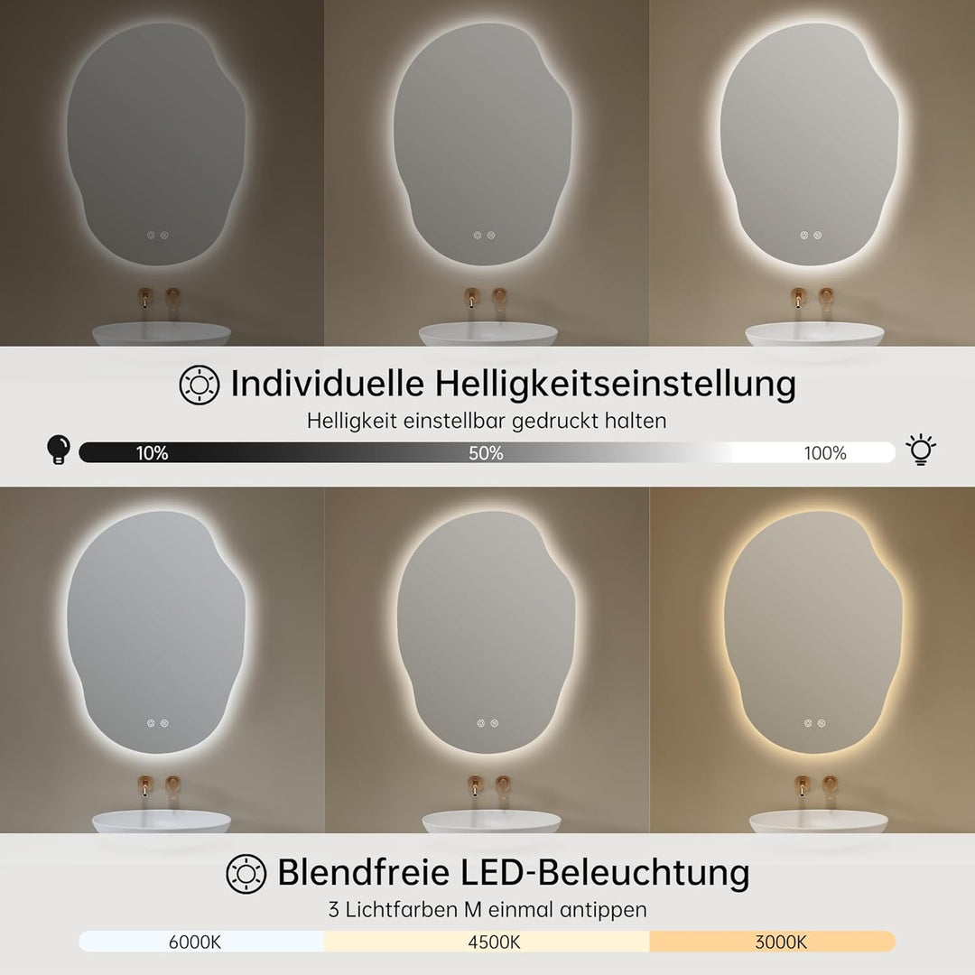 Spiegel mit Beleuchtung Asymmetrischer LED Badspiegel 56 x 76 cm mit Touch-Schalter, Dimmbar 3 Licht