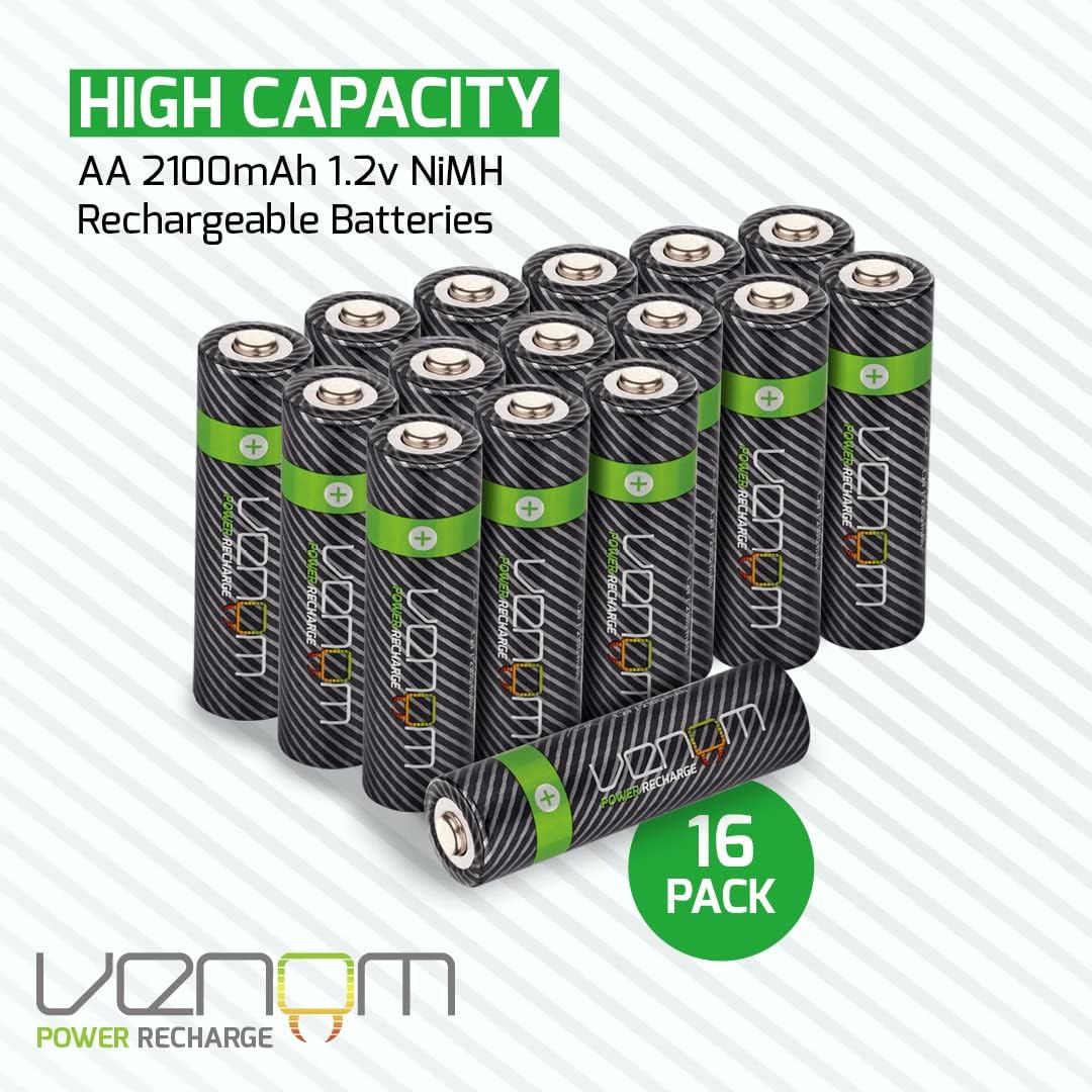 Venom Wiederaufladbare Batterien mit Ladestation – inklusive 16 x AA (1200 mAh) und 16 x AAA (800 mA