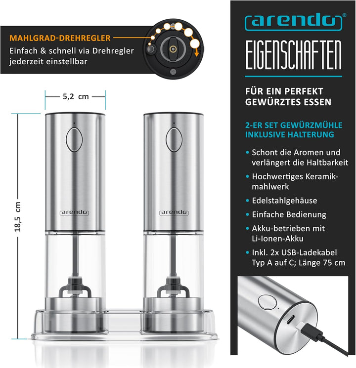 Arendo - Salz und Pfeffermühlen Elektrische 2er Set - mit USB Wiederaufladbarer - Verbesserte grosse