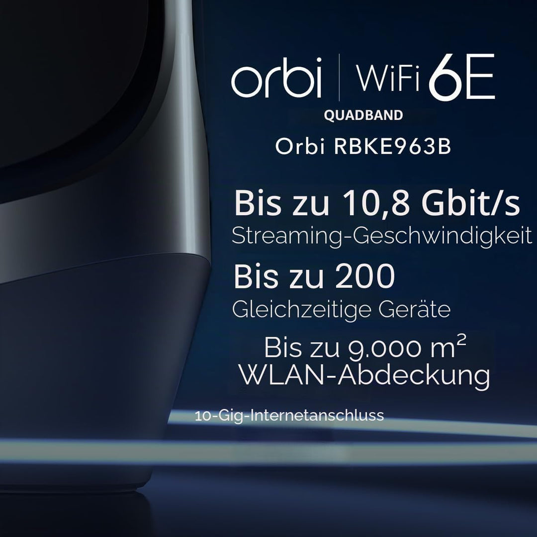NETGEAR Orbi WiFi 6E Mesh Quad-Band WLAN System (RBKE963B) | WiFi 6E Router mit 2 Satelliten | Abdec