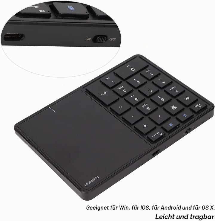 Kabelloser Ziffernblock, 2 in 1 22 Tasten 2,4 G Touchpad Bluetooth 4.2 Nummernblock, Typ C Aufladung