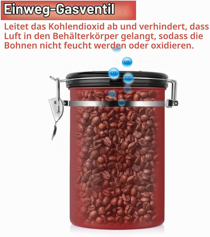 Jeffergarden Kaffeedose Luftdicht 1,8 L Edelstahl Grosser Behälter mit Auslassventil Luftdichter Kaf