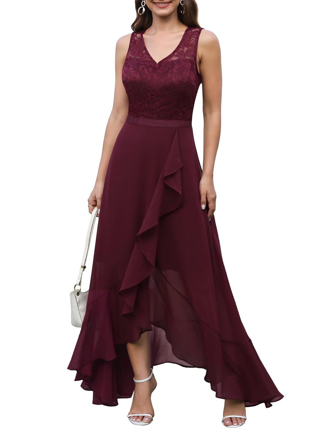 Meetjen Damen Abendkleid Elegant Vokuhila Cocktailkleid Lang Brautjunferkleid Chiffon Spitzen Kleid