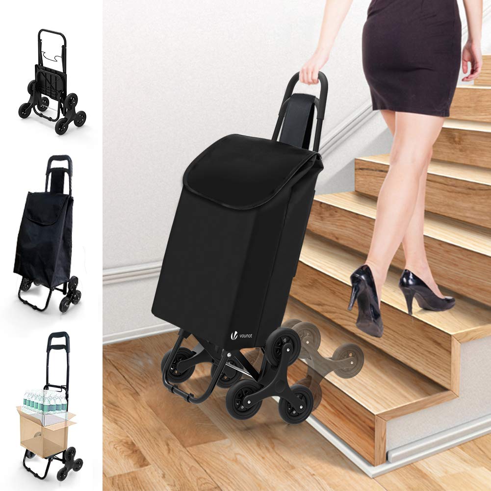 VOUNOT Einkaufstrolley Klappbar Treppensteiger, 3 Räder Einkaufswagen Faltbar, Einkaufsroller Trolly