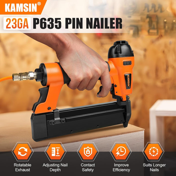P635 23 GA Druckluft Stiftnagler kopflos mit 3000 Nägeln für Möbel | 13-35mm Nägel, 150 Stk Magazin,