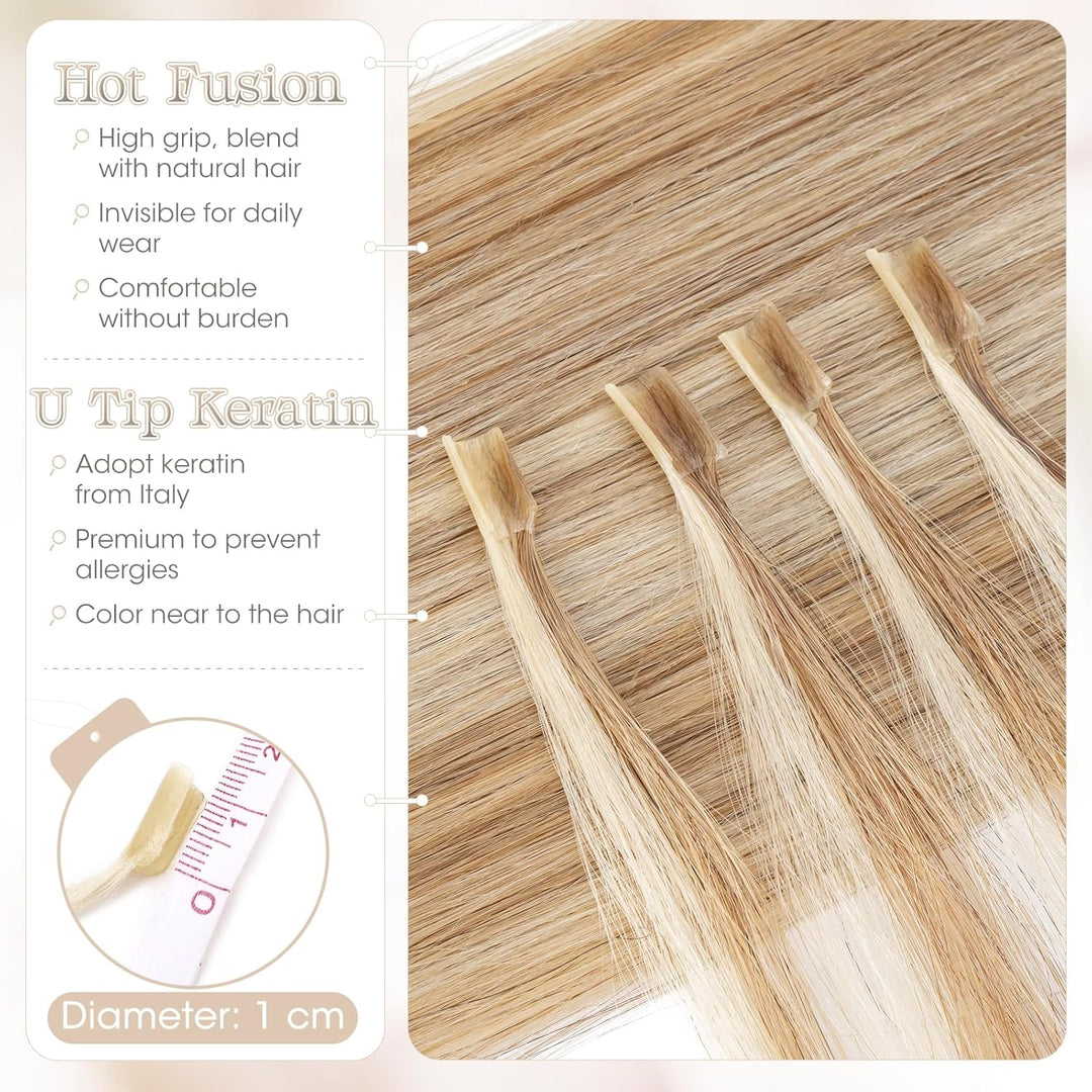 Elailite Echthaar Extensions Bondings 35cm #12P613 Weissbraun/Hellblond, U Tip Hair Extensions Kerat