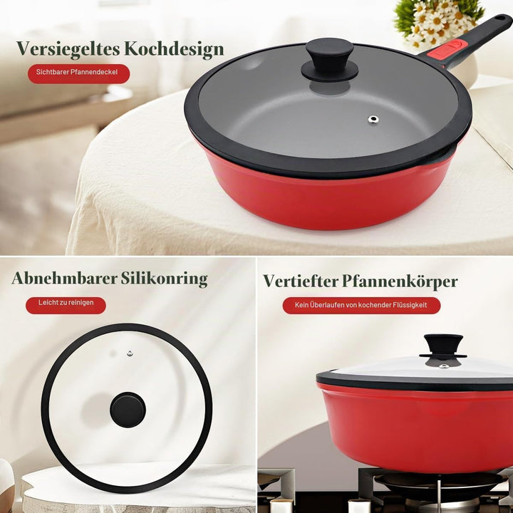Pfanne 20cm mit Deckel, Aluminium Bratpfanne Hoher Rand mit Abnehmbarer Griff, für alle Herde|Anti-K