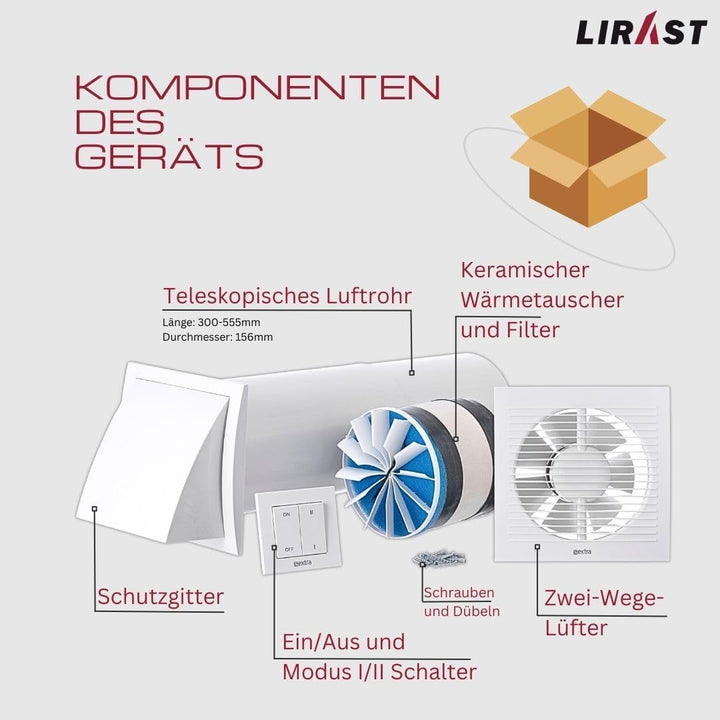 LIRAST Ø 150mm Dezentrale Wohnraumlüftung mit Wärmerückgewinnung - Mit Schalter Weiss Ø 150mm, Weiss