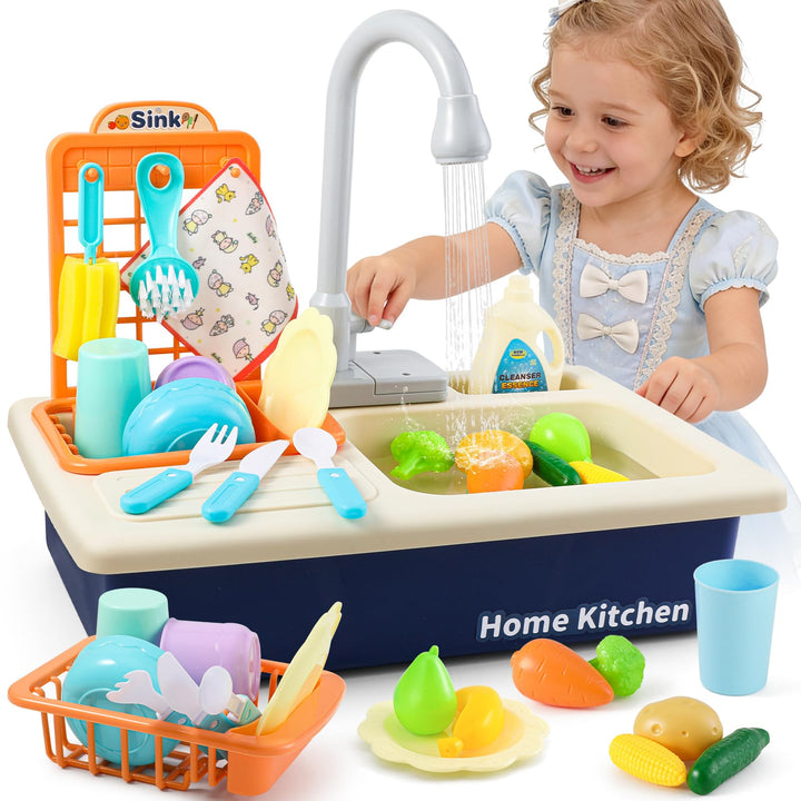Mini Tudou Kinderwaschbecken Spielzeug,Spielspüle Spielzeug mit Automatischem Wasserzyklus-System, E