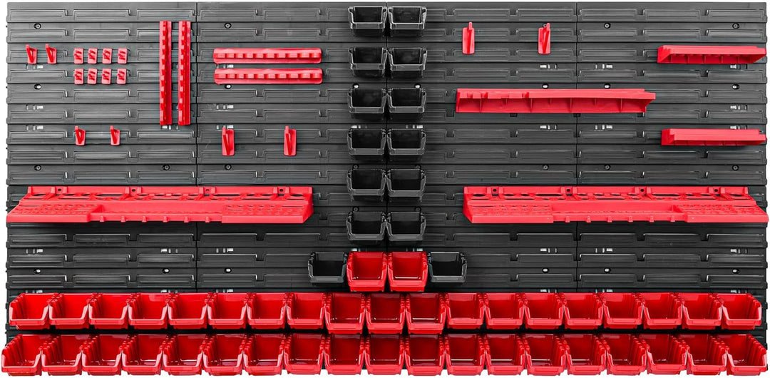 Lagersystem Werkstattregal | 156 x 78 cm | 56 stck. Box | Wandregal mit Werkzeughalterungen und Stap