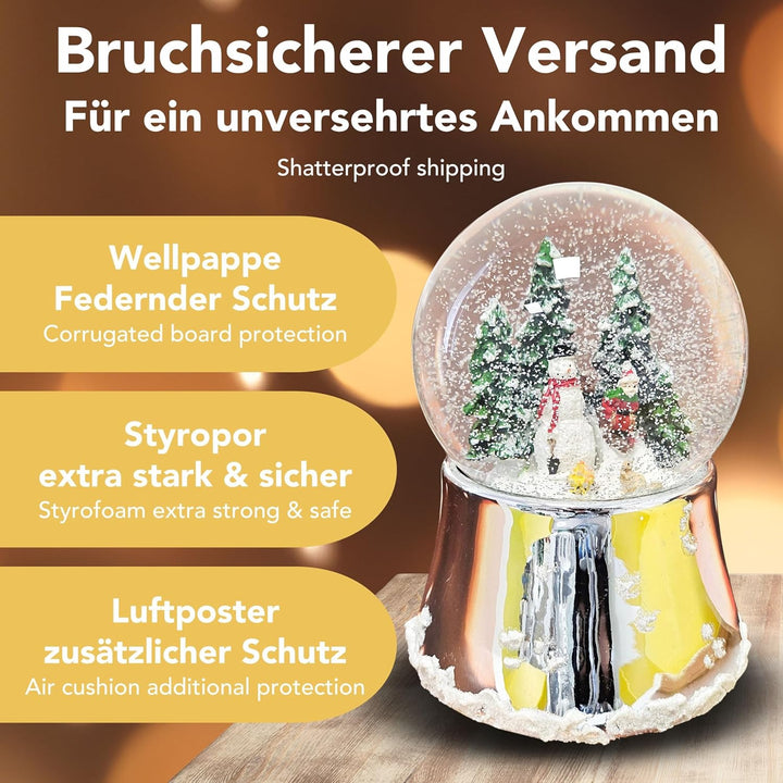 Schneekugel Weihnachten Spieluhr | Schneemann Steht mit Kind auf Schlitten | Sockel Silber glänzend
