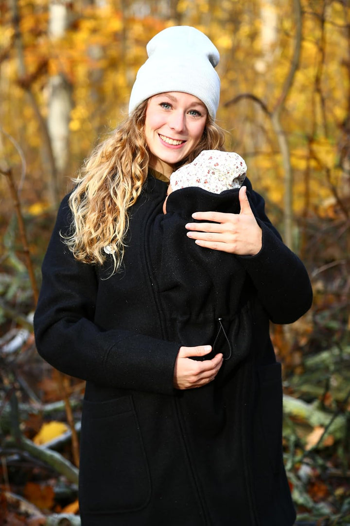 Viva la Mama - schicker Umstands- und Tragemantel für den Winter - VALENTIN S schwarz - vorn tragen,