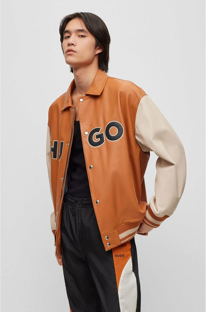 HUGO Herren Luganos College-Jacke aus Leder im Colour-Block-Design mit Logo XS Orange, XS Orange