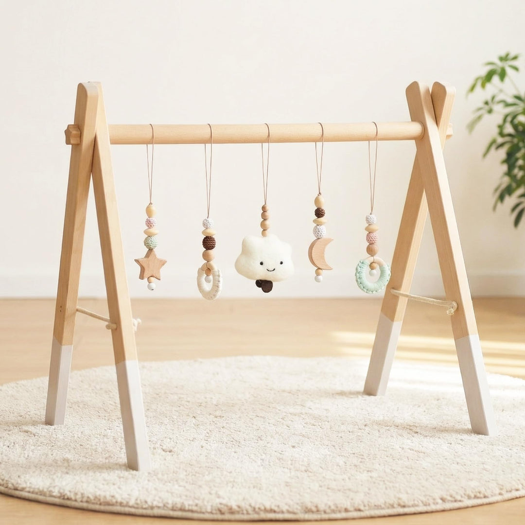 Spielbogen Baby Holz- Montessori Spielbogen mit 5 abnehmbaren Sensorischen Spielzeugen, Faltbar Baby