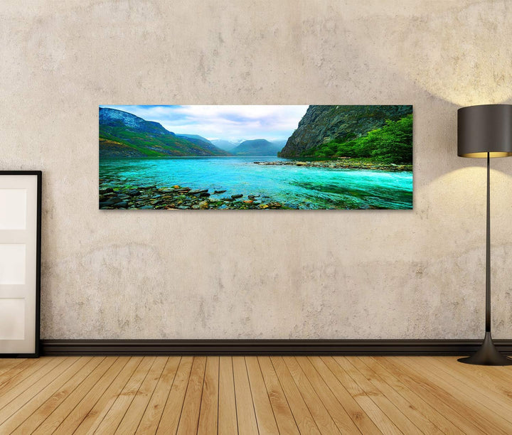 islandburner Bild auf Leinwand Fjord Fluss Norwegen Bilder Wandbilder Poster Leinwand 120x40cm - Pan