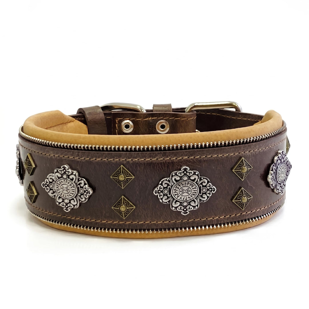 Bestia™ "Aztec Echtleder Hundehalsband für grosse Hunde. 100% Leder. Weich gepolstert. 6,3 cm breit.