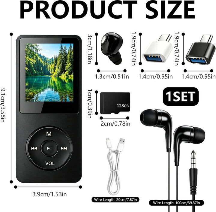MP3 Player Bluetooth 5.3 128GB mit Lautsprecher, HiFi Musikplayer Tragbar 70H Akku, MP3 Player Sport