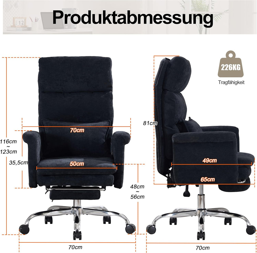 UEV Bürostuhl Ergonomisch mit Fussstütze bis 226kg,klappbare Armlehnen/Dicker Sitzpolsterung/Verstel