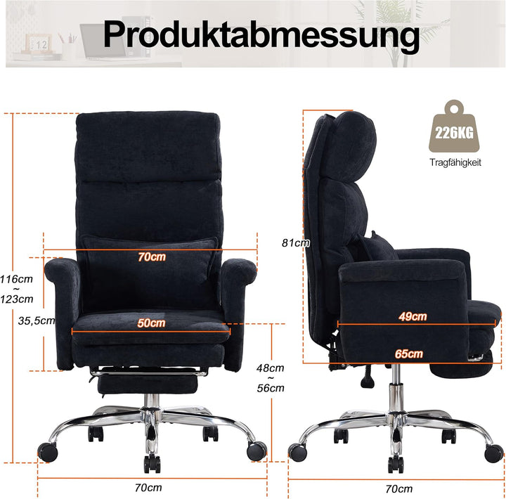 UEV Bürostuhl Ergonomisch mit Fussstütze bis 226kg,klappbare Armlehnen/Dicker Sitzpolsterung/Verstel