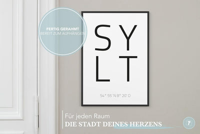 Papierschmiede® Geo Poster Koordinaten Sylt, A3 Gerahmt im Holzrahmen (schwarz), Stadt Bild als Wand