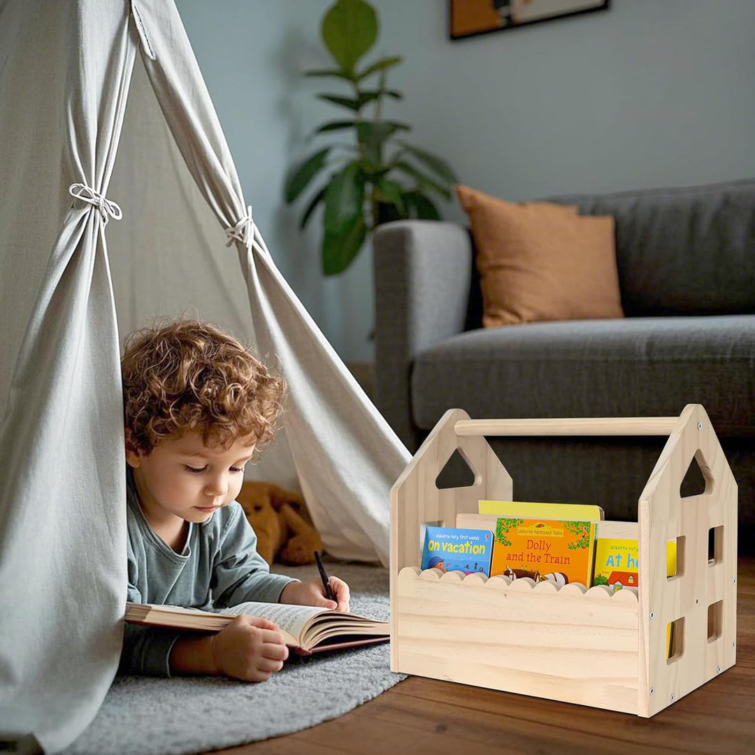 BüCherregal Kinder Kieferholz,NatüRliche Farbe Montessori BüCherregal Mit Griff 2 AblagefäChern,BüCh