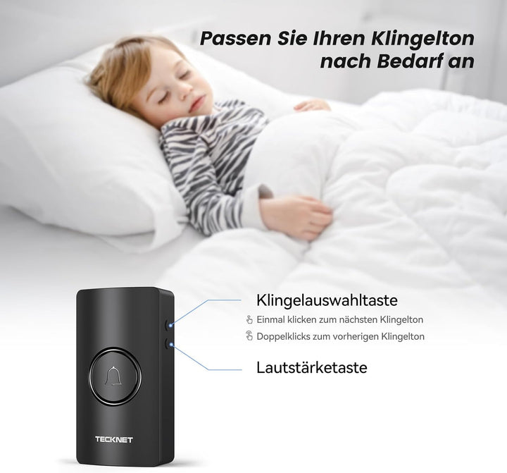 TECKNET Funkklingel 2 Empfänger, 400m Reichweite IP67 Funkklingel aussen wasserdicht, Funkklingel Ba